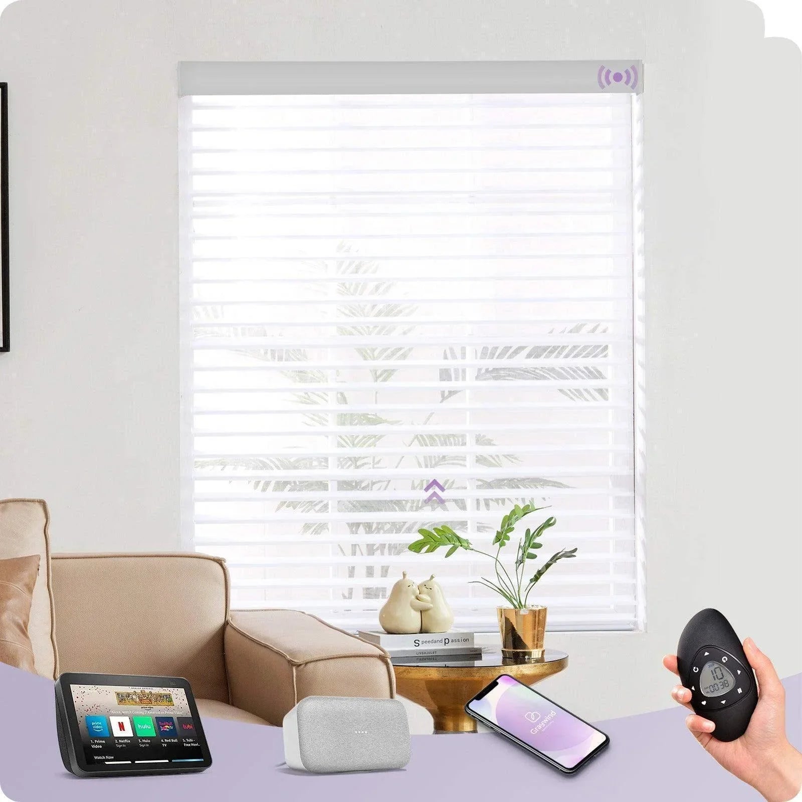 Smart white window blinds in a modern living room with remote, smartphone, and smart home devices.