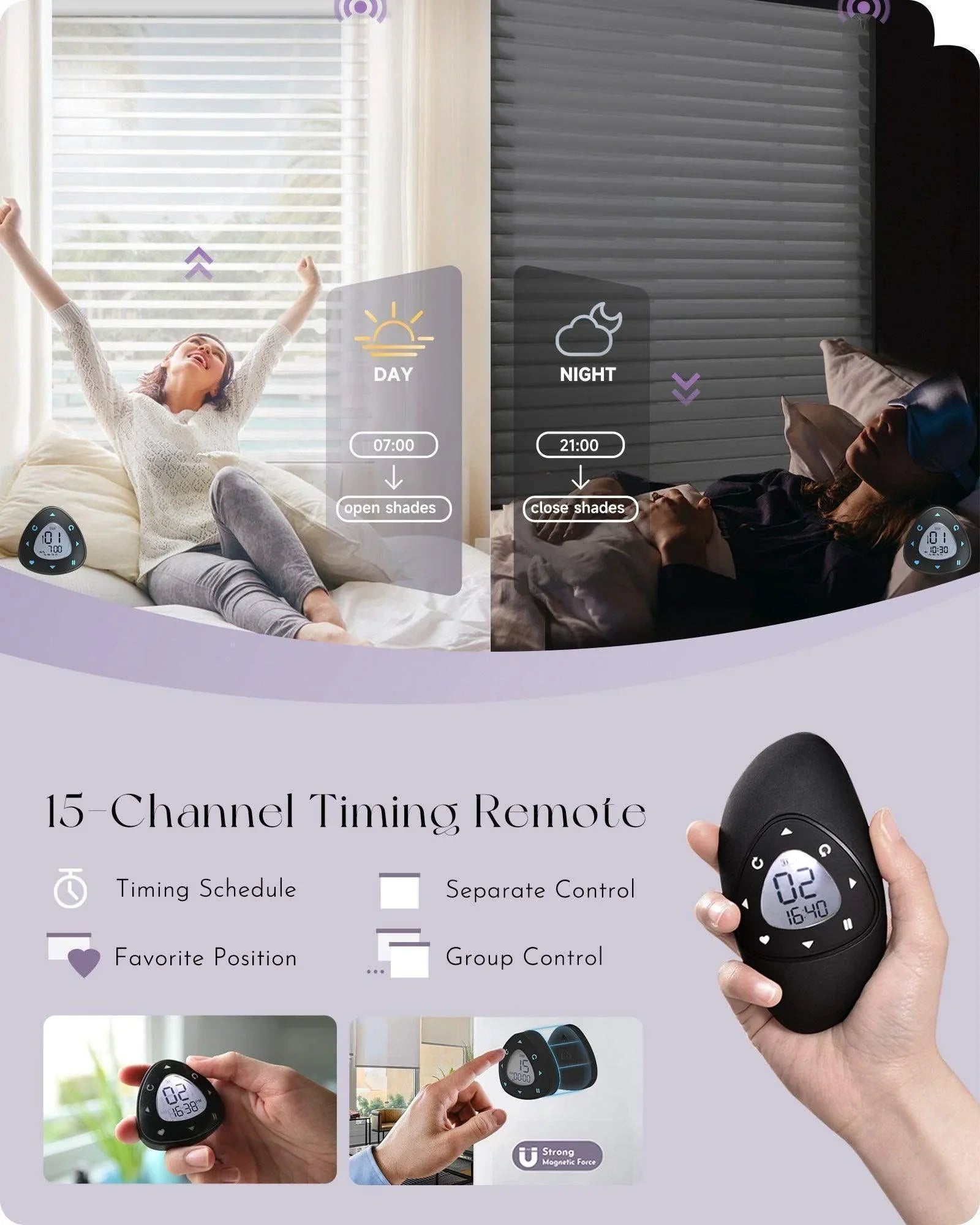 Smart motorized window shades controlled by remote, showing day and night automatic scheduling.