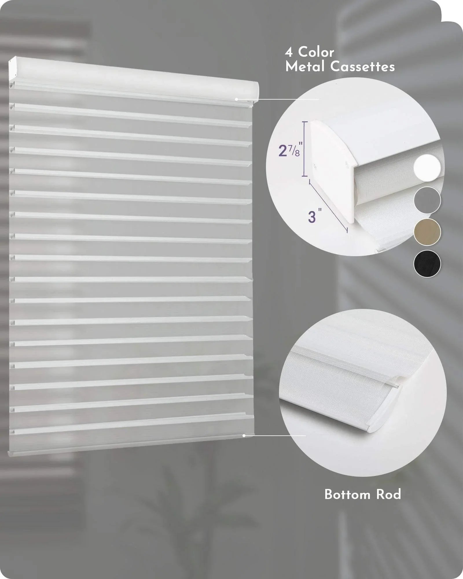 White zebra sheer smart window blind with metal cassette, four color options, and bottom rod details.