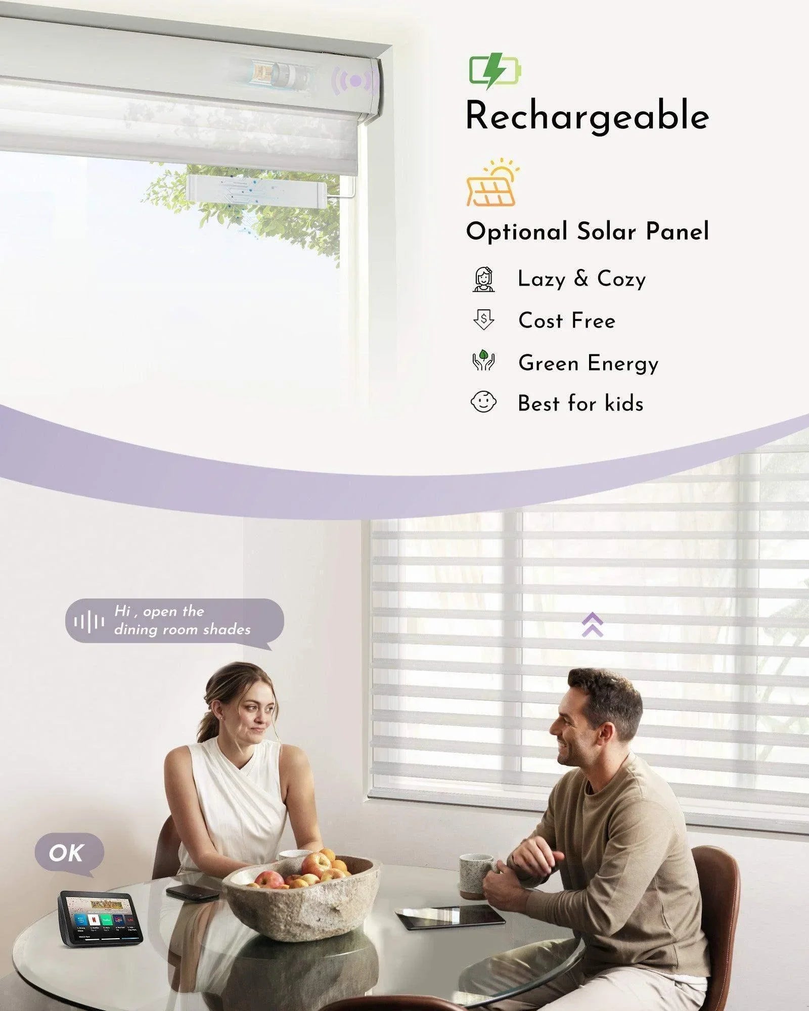 Smart rechargeable window shades with optional solar panel in modern dining room