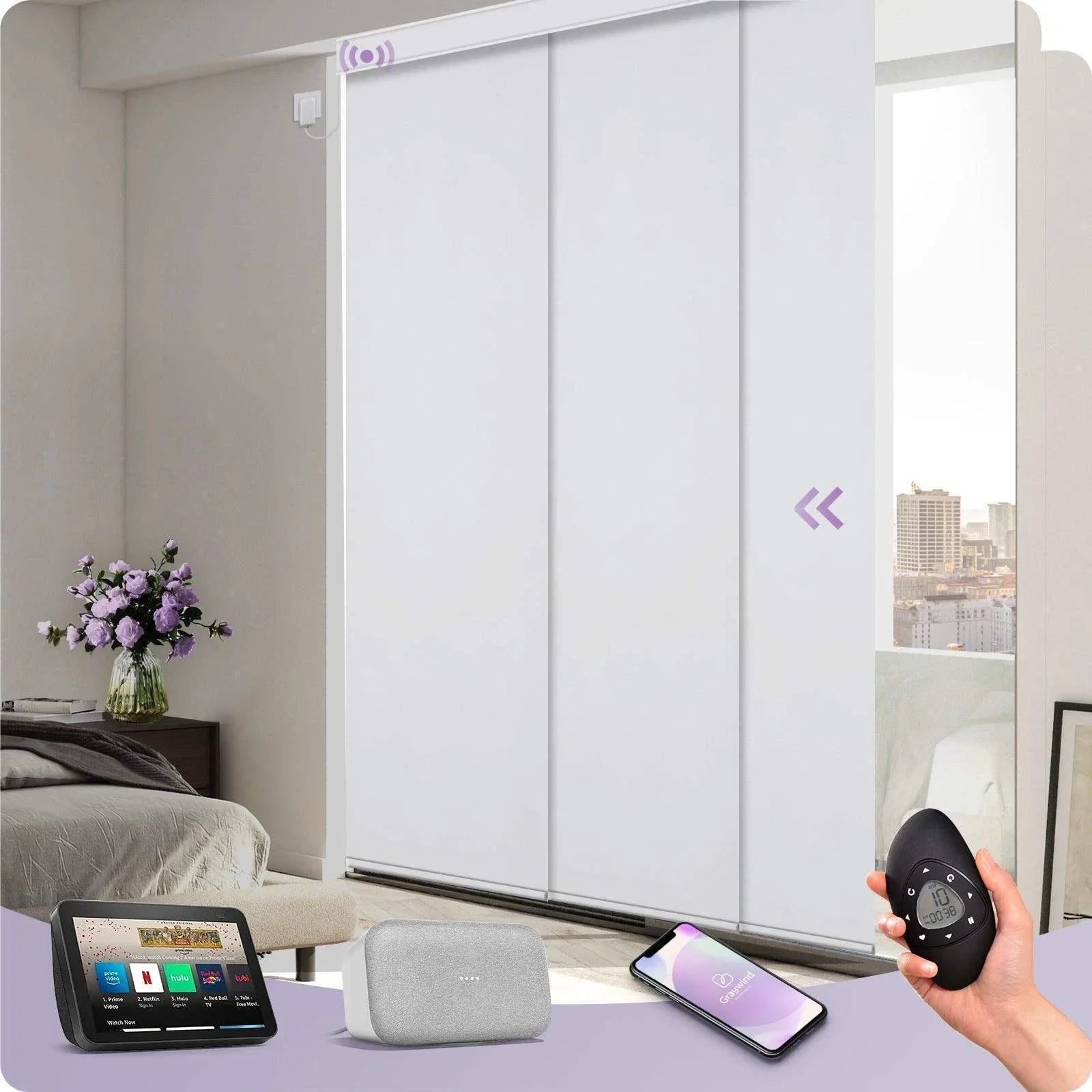 Smart white motorized sliding panel track blinds in a modern bedroom, compatible with Alexa, Google Home, and smartphone remote control.