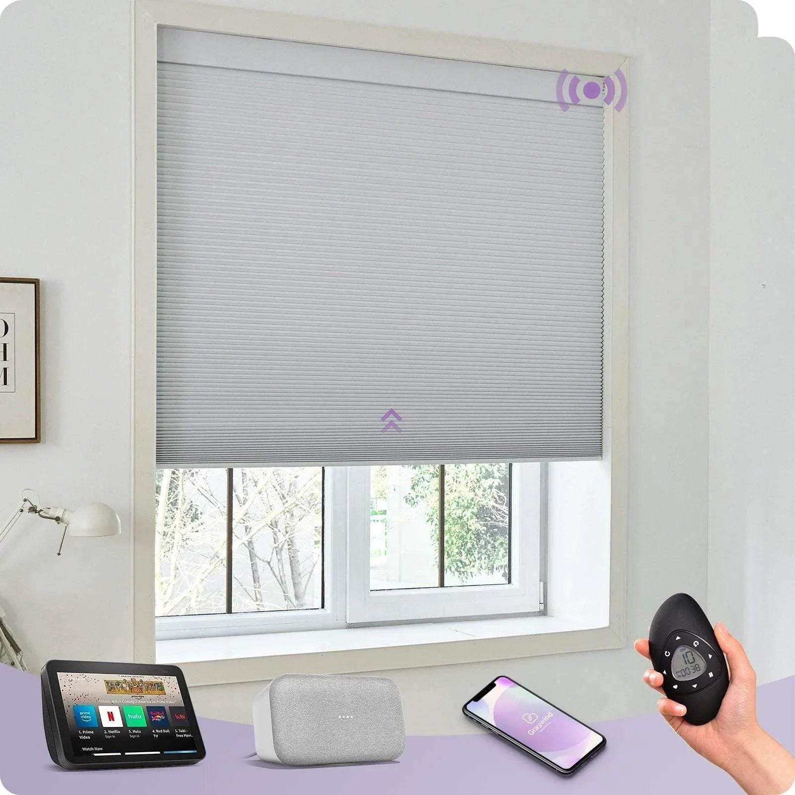 Smart white motorized cellular shade on window, compatible with phone, remote, and voice assistants