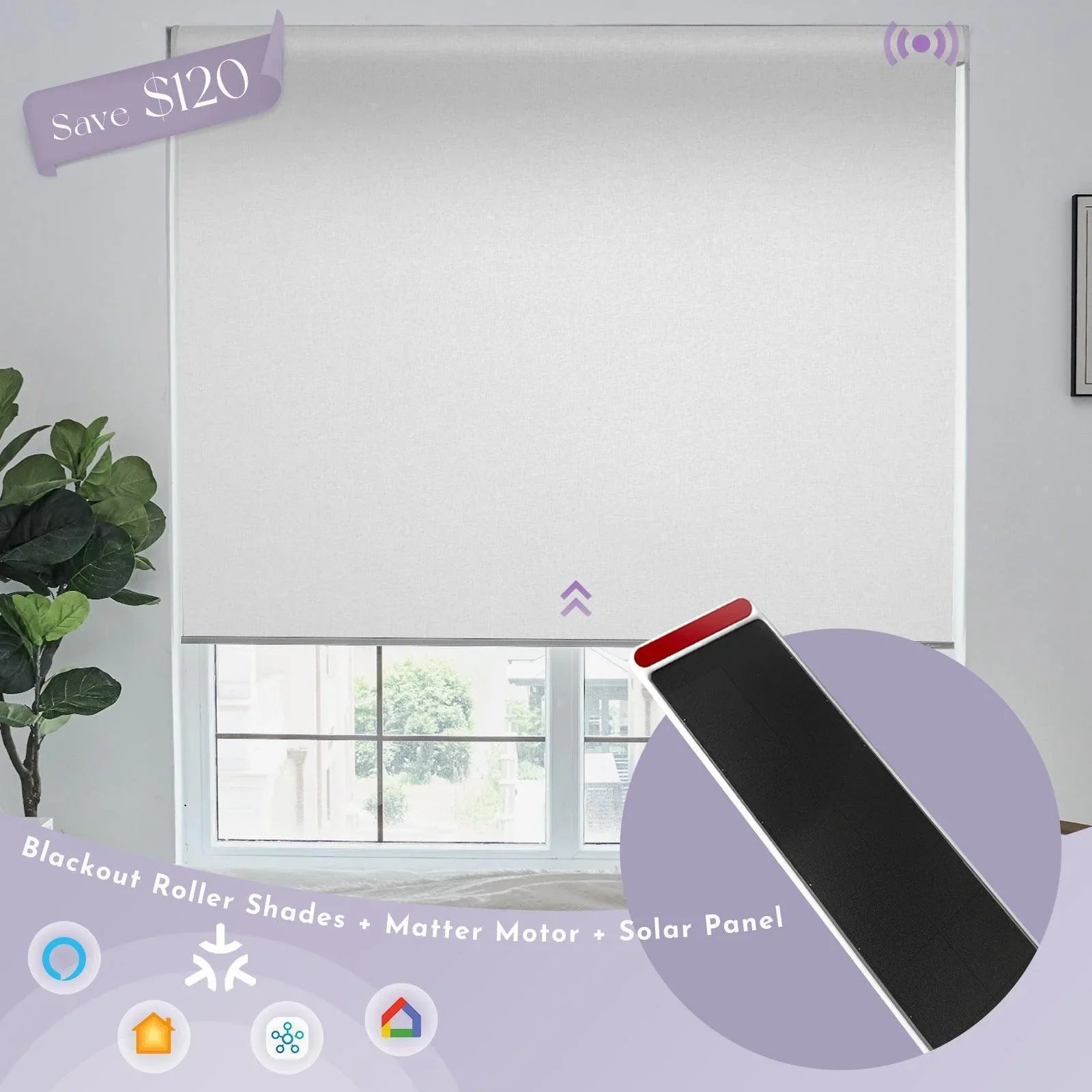 White blackout roller shade with Matter motor and solar panel in bright living room window