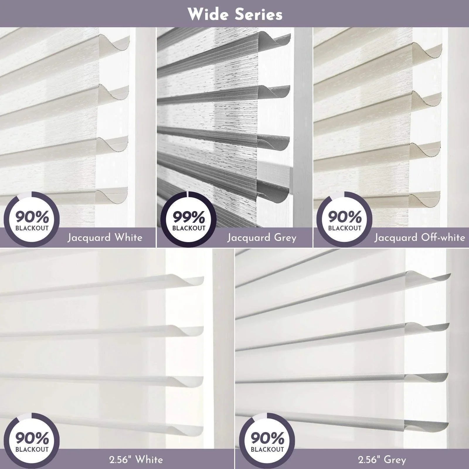 Wide Series blackout window blinds in Jacquard White, Grey, Off-white, and 2.56 inch sizes.