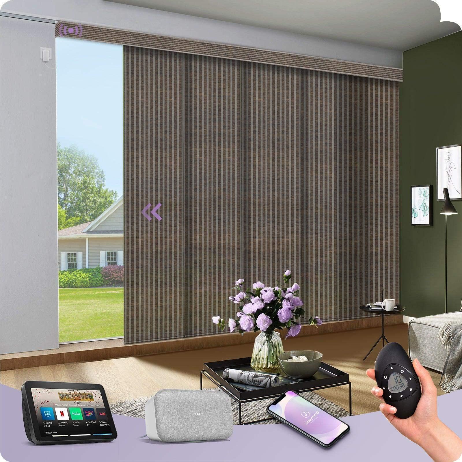 Smart motorized vertical window blinds in a modern living room, remote and app control shown