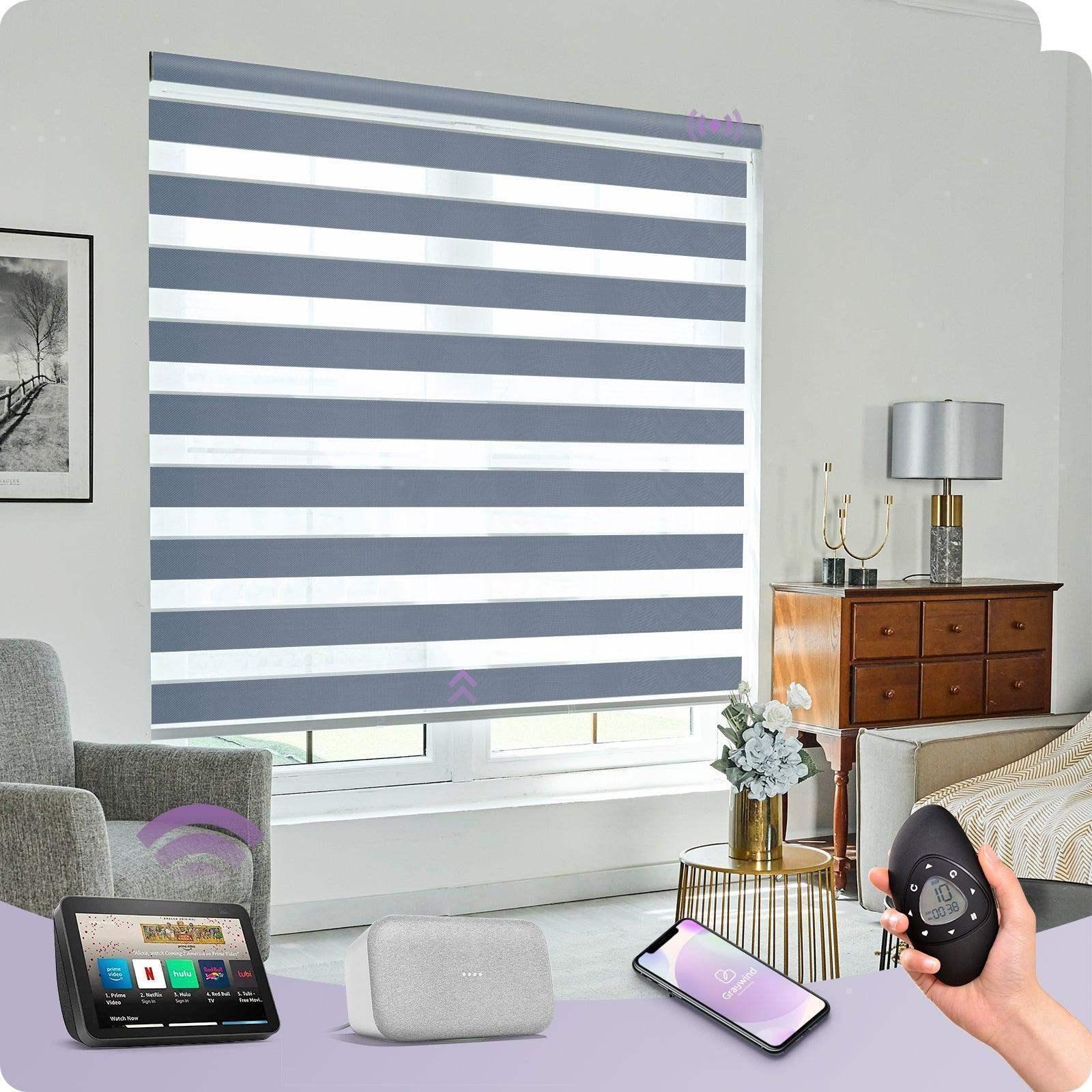 Modern living room with smart zebra blinds, remote control, and voice assistant integration