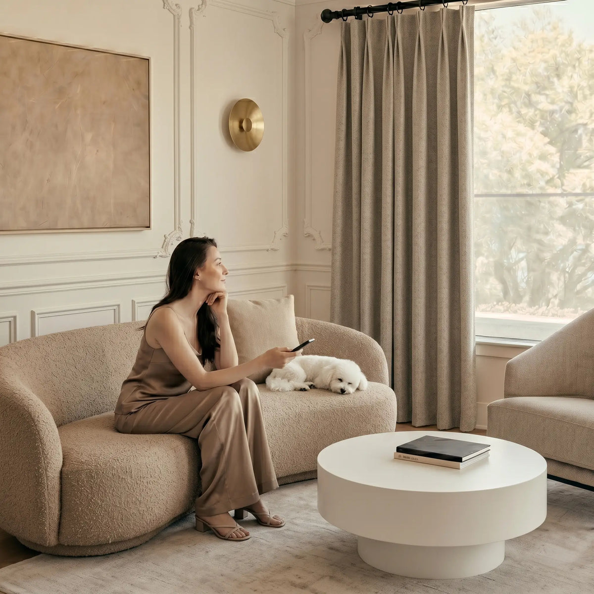 Woman sitting on a beige sofa in a stylish living room with a dog and a coffee table.