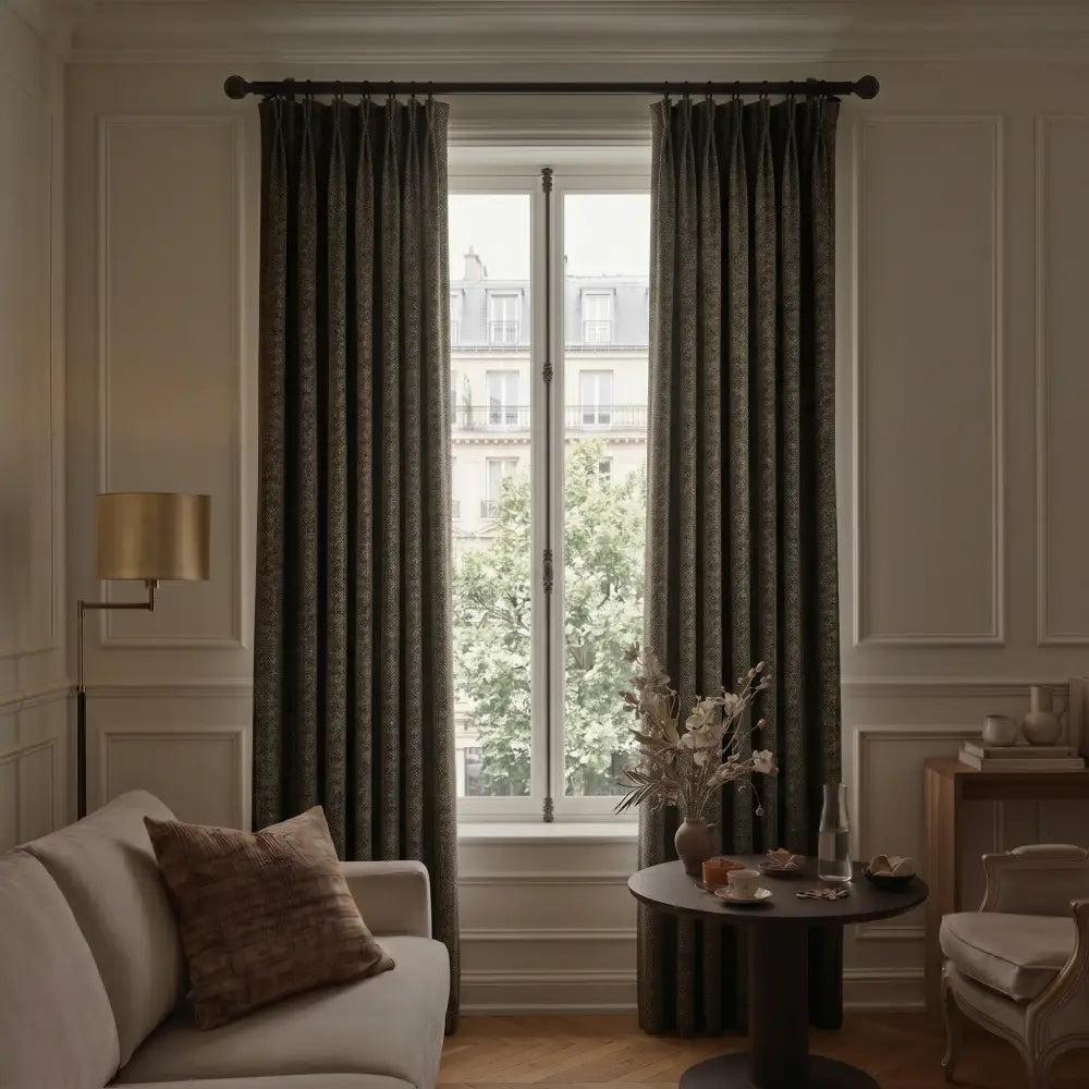 Living room with a large window, curtains, and a sofa.
