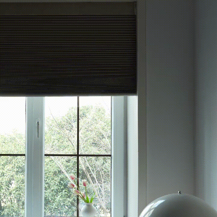 The blackout cellular shade lowers smoothly to block outside light, enhance privacy, and create a darker, more comfortable room.