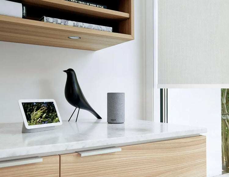 Graywind x Motionblinds smart roller shades connected with Alexa and Google smart home devices.