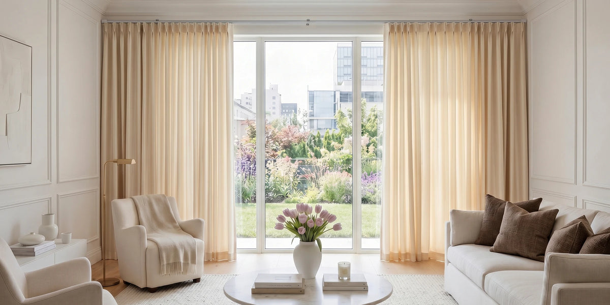 Motorized beige curtains for patio doors, creating soft natural light and an elegant living room atmosphere.