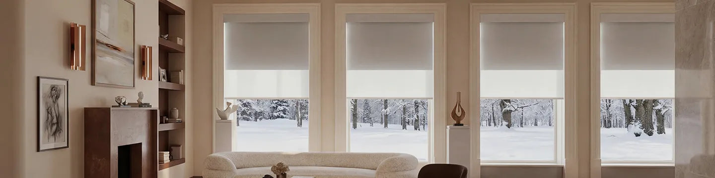 Living room with large windows featuring dual shades, a bookshelf, and a fireplace.