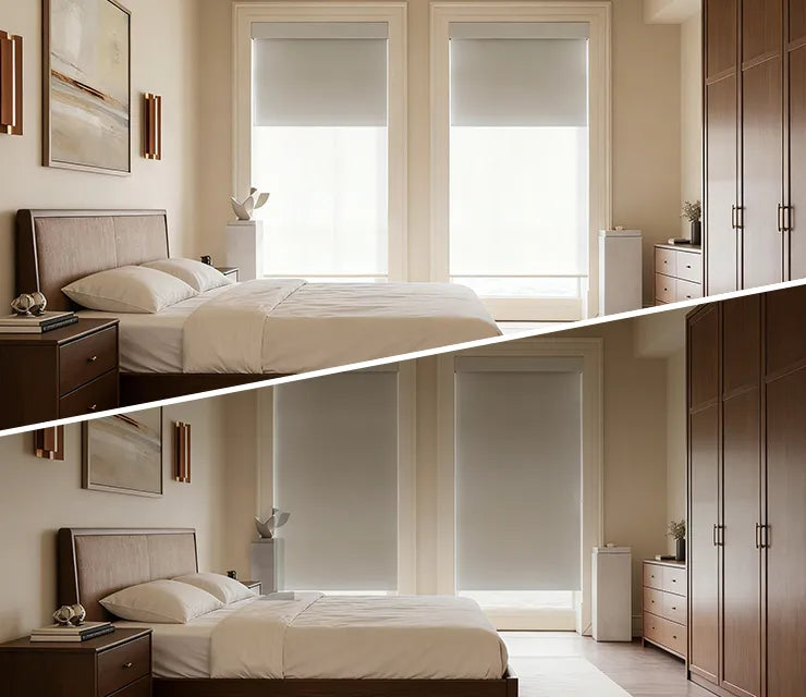 Modern bedroom with bed, nightstands,  wardrobe and dual roller shades.