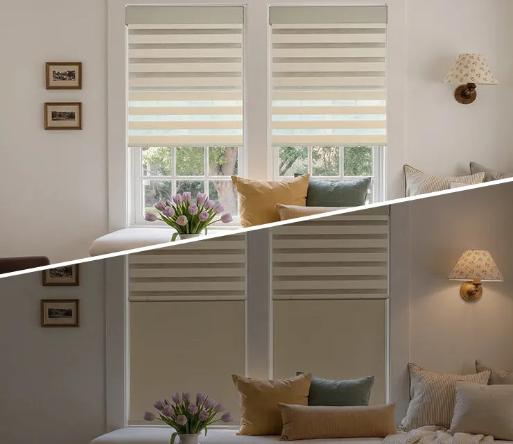 Modern bedroom with white shutters, pillows, a lamp and dual zebra shades.