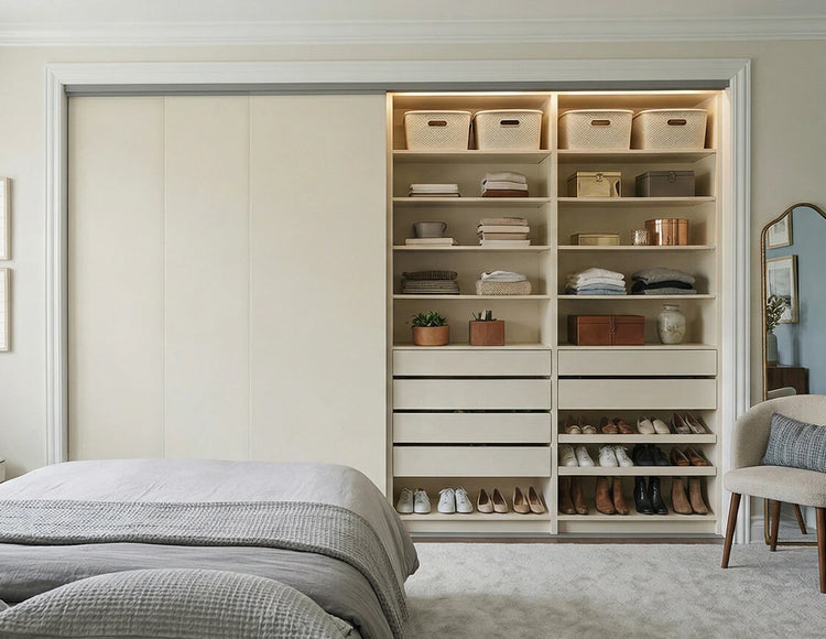 Modern bedroom with a large bookshelf, wardrobe and panel track window blinds.