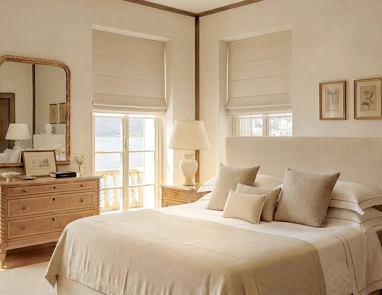 Neatly made bed in a bedroom with wooden dresser and window treatment.
