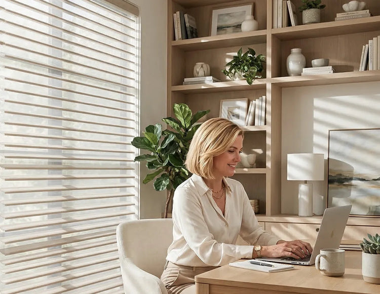 Woman working on a laptop in a home office with a bookshelf, plants and window blinds.