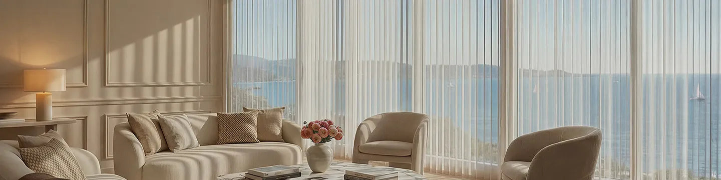 Modern living room with beige furniture and large windows overlooking a scenic view with sheer vertical window treatments.