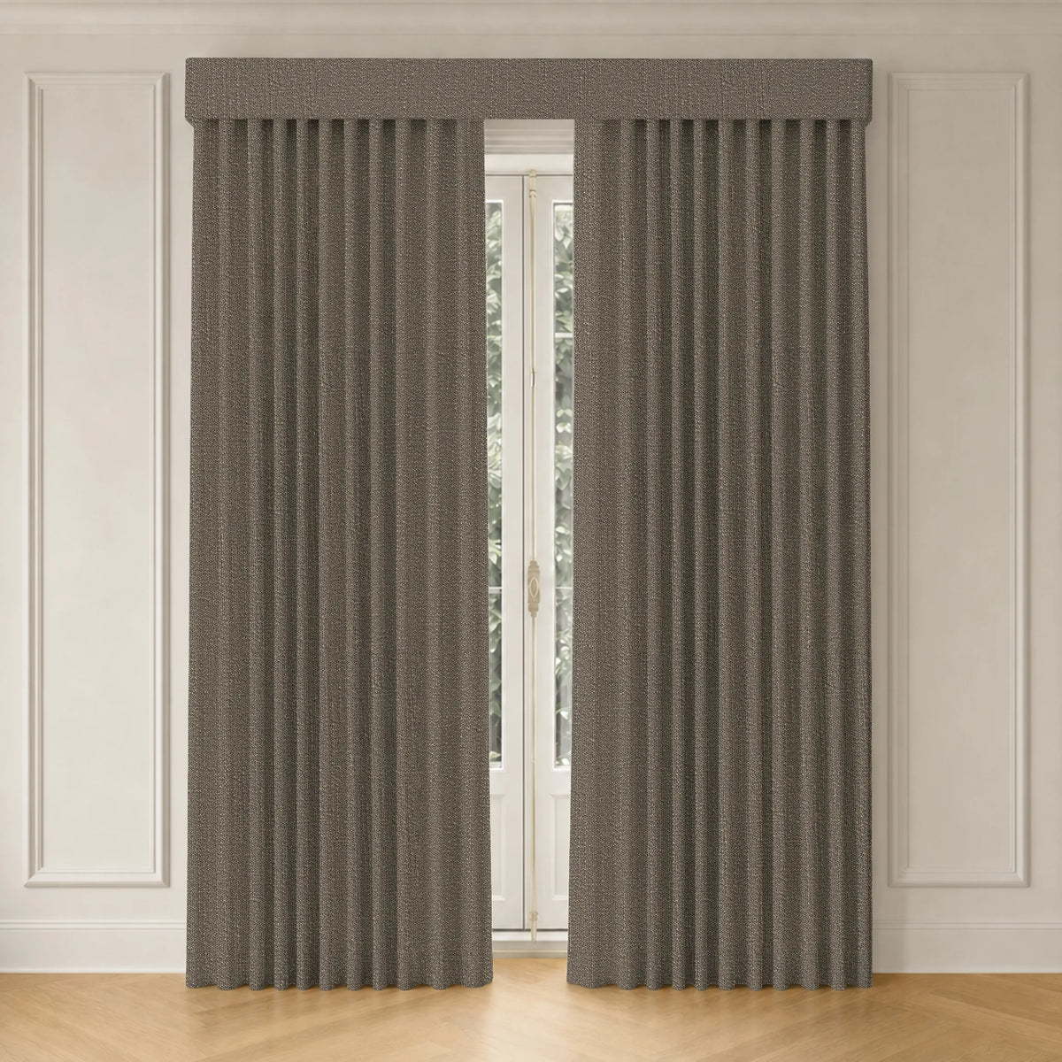 Brown pleated curtains on a window with a neutral wall background