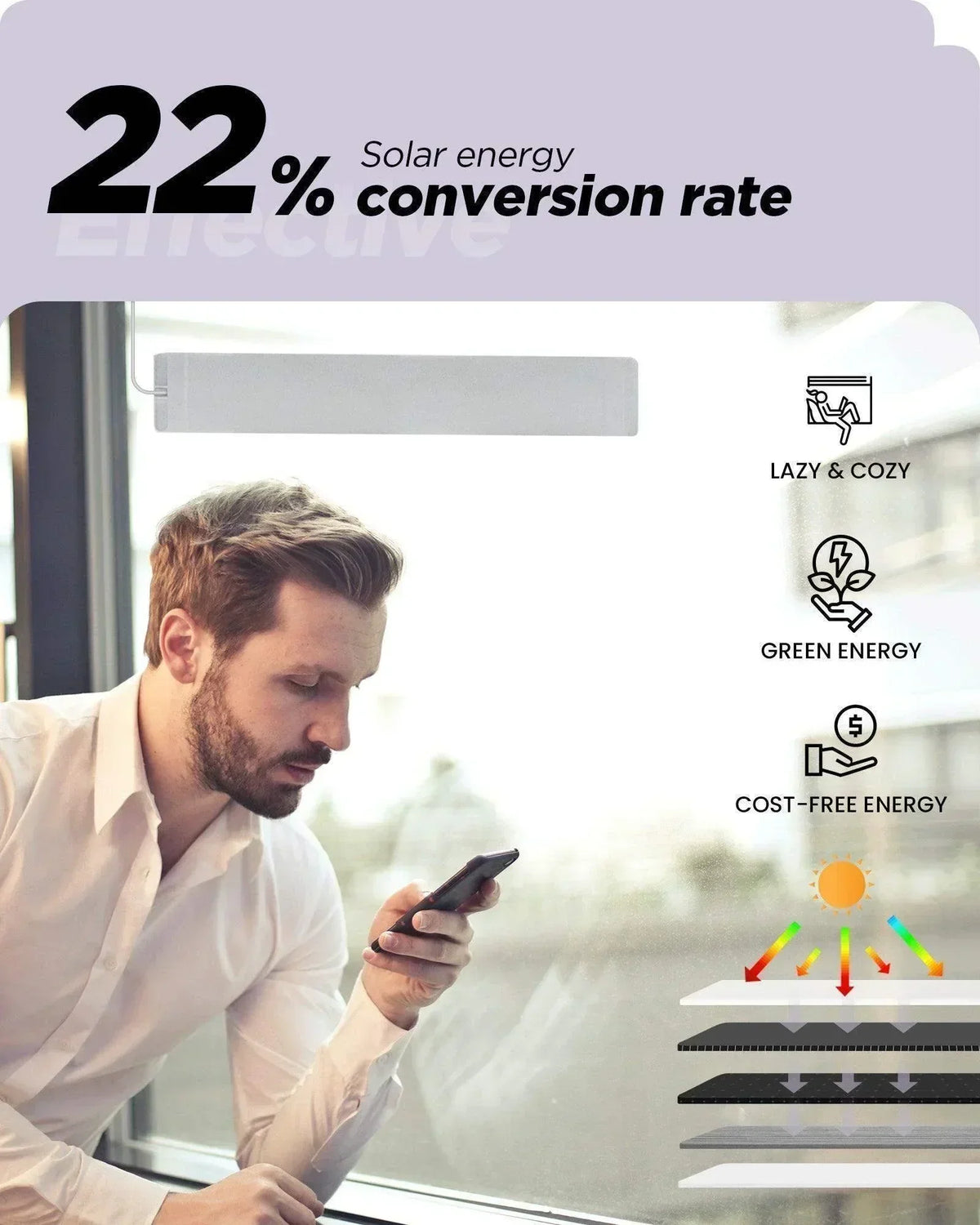 Man near window with solar energy panel, icons showing green energy and 22% solar conversion rate.