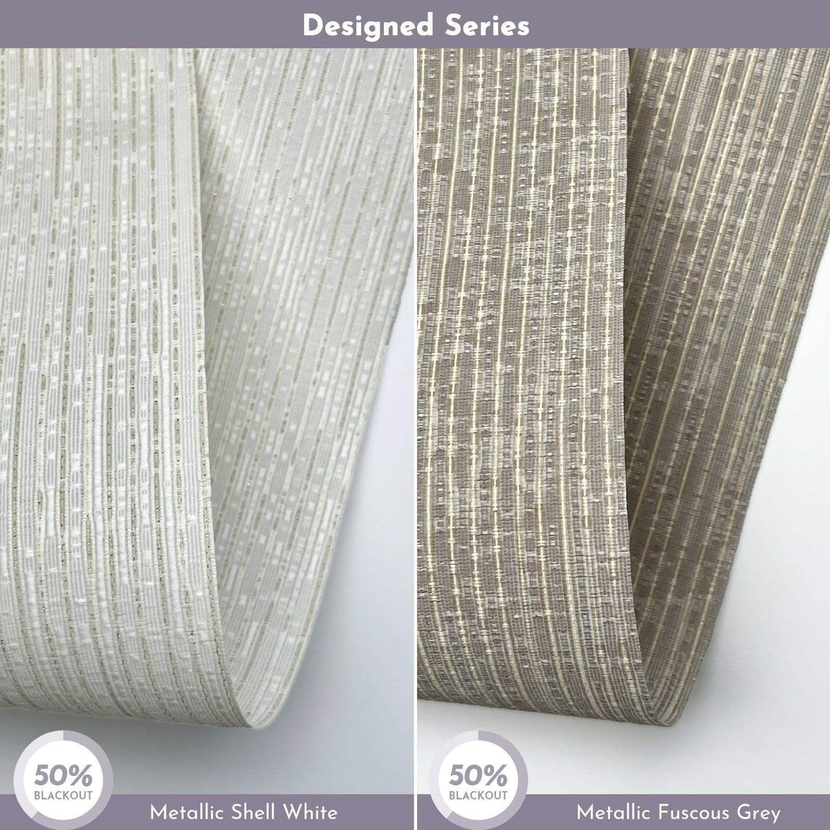 Metallic shell white and metallic fuscous grey blackout window shade fabric samples, 50% light blocking.