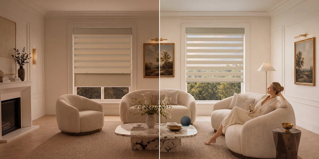 The dual-layer fabric design allows you to transition smoothly between soft filtered light and increased privacy—giving you more control throughout the day.