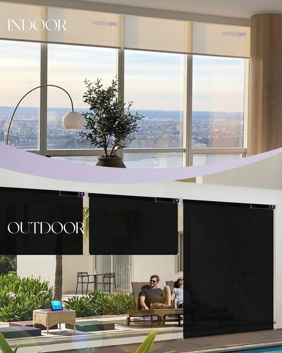 Smart indoor sheer shades and outdoor blackout shades installed on large windows and patio