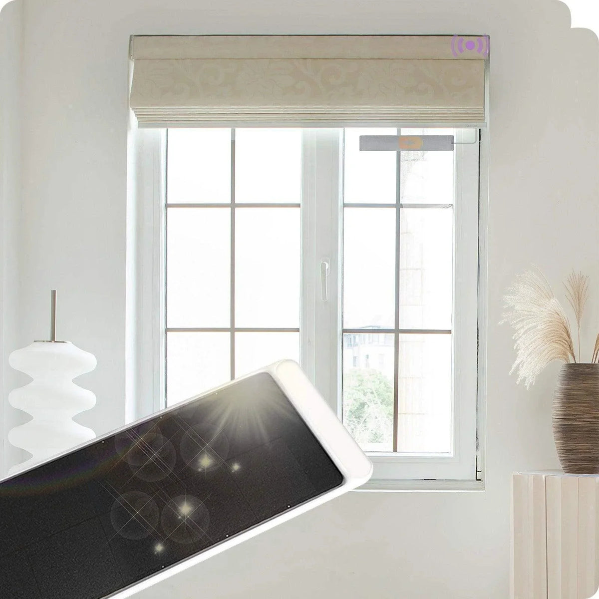 Smart window shade with solar panel in modern living room, custom window treatment