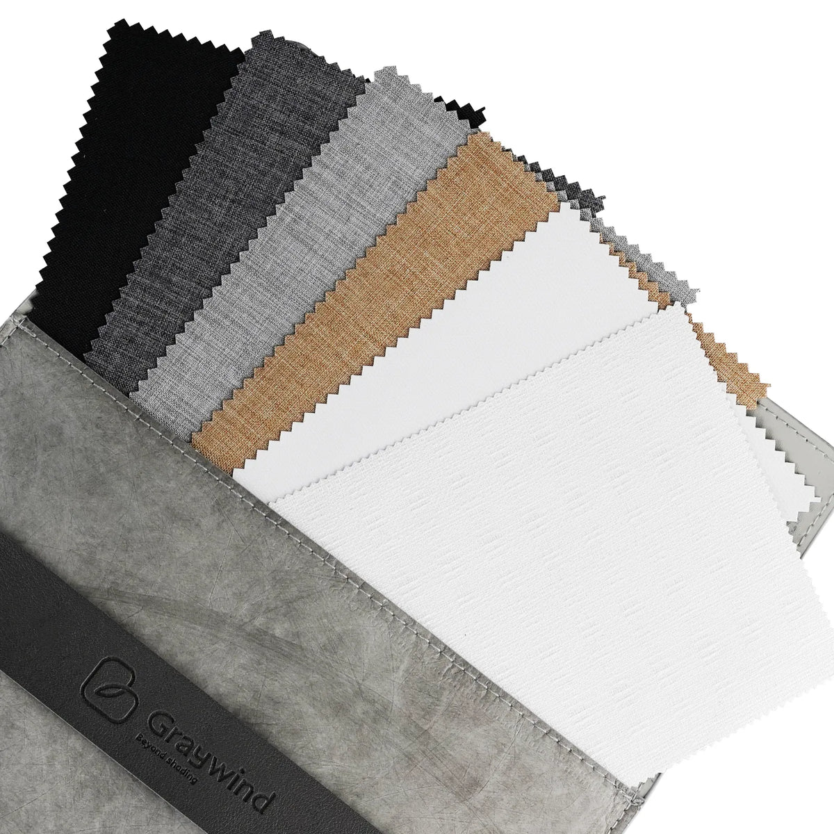 Graywind fabric swatch fan showing multiple color options including black, charcoal, light gray, tan, white, and light gray in a textured sleeve.