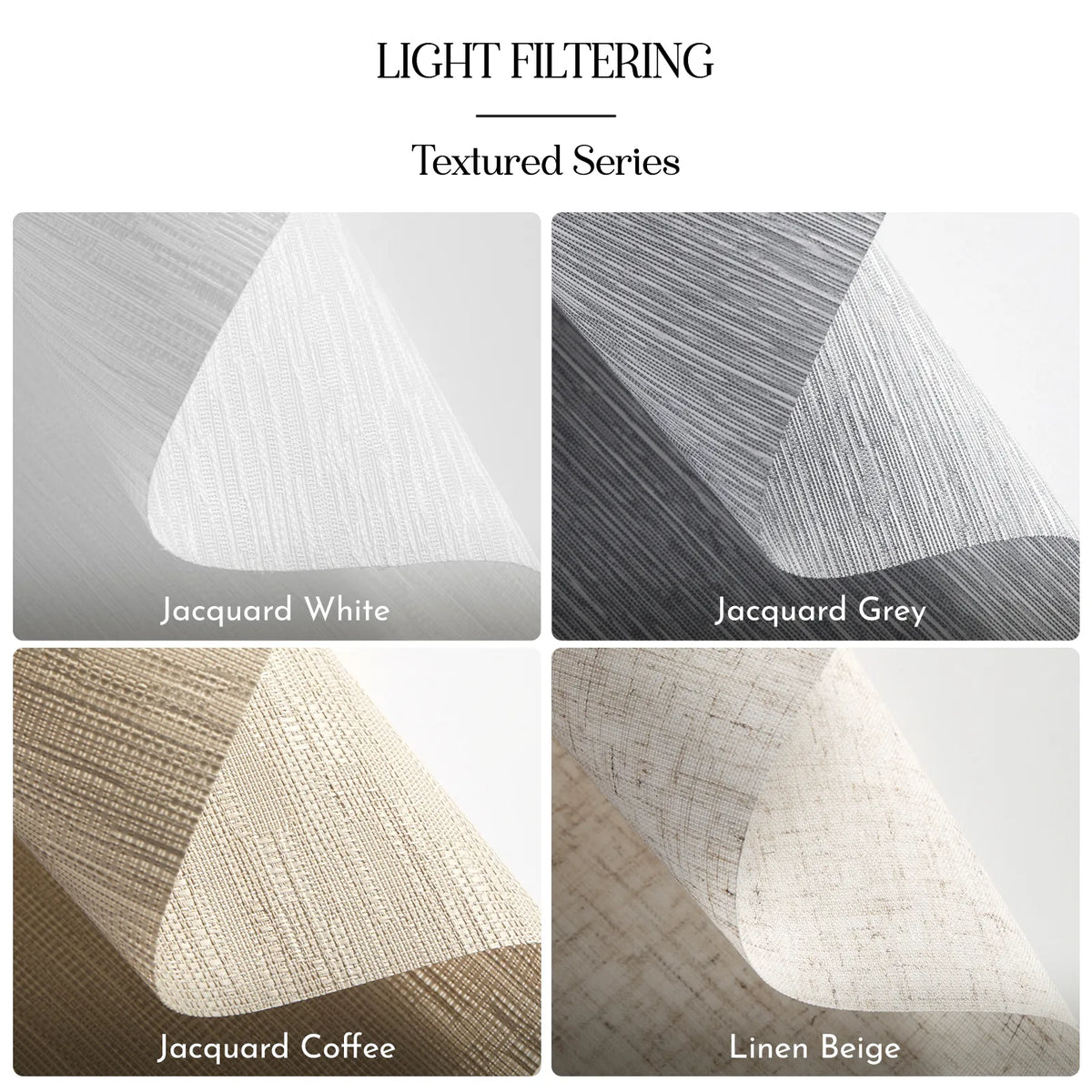 A product information graphic for textured light filtering curtains, showing four color options in a 2x2 grid: Jacquard White, Jacquard Grey, Jacquard Coffee, and Linen Beige. Each panel displays a folded view of the textured fabric.