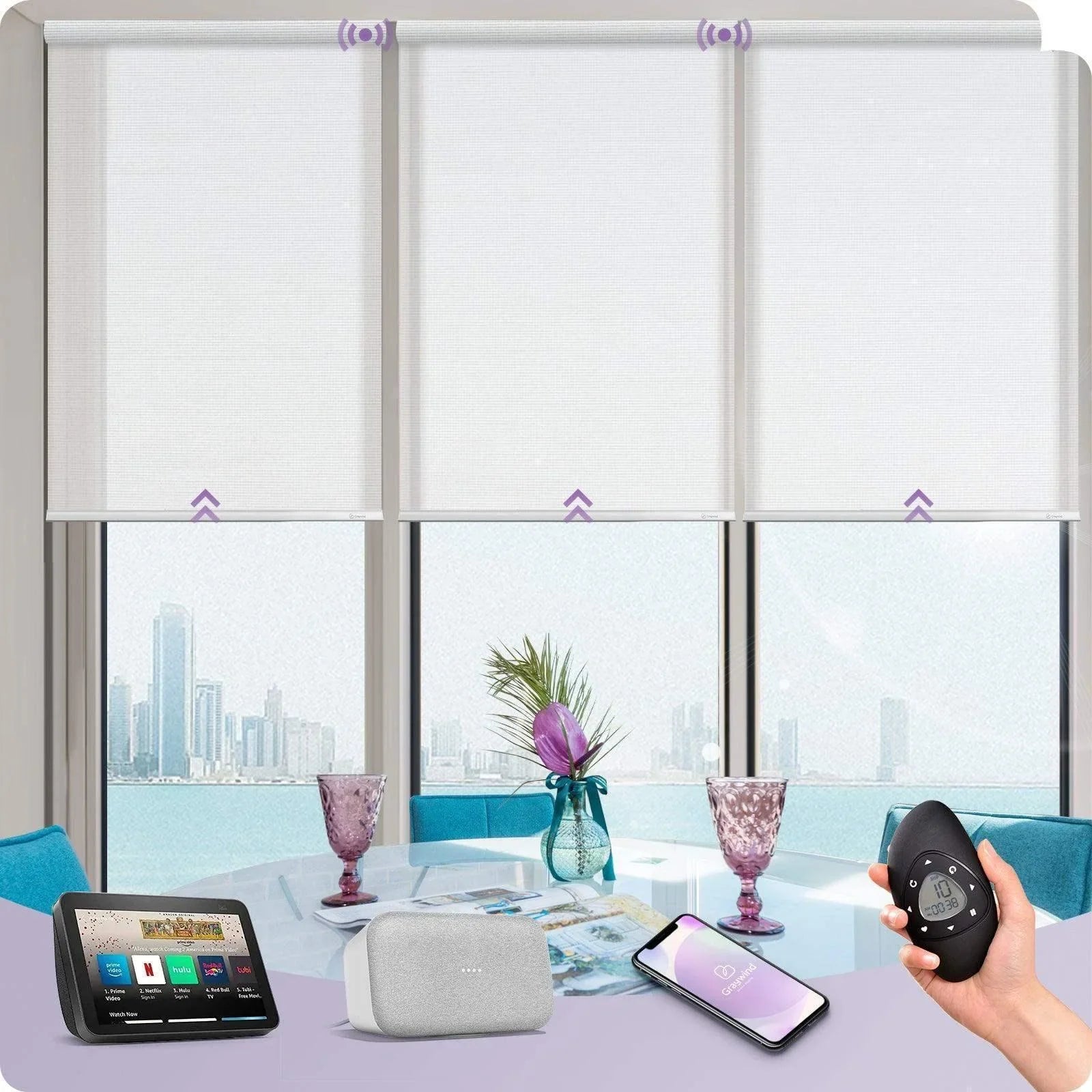 Smart motorized roller shades on large windows overlooking city skyline, with remote, phone app, and smart home devices on a modern dining table.