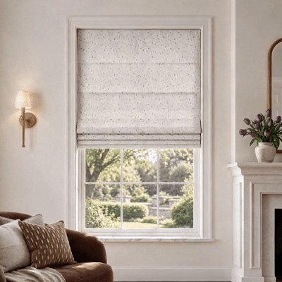 Animation of motorized flat roman shades raising and lowering on a window.