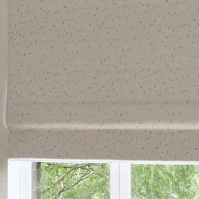 Animation of motorized flat roman shades adjusting across living room windows.