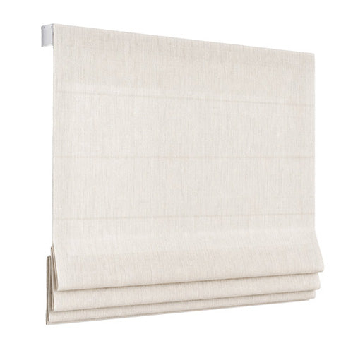 Flat Roman shade in light-colored fabric with a smooth face and folds gathered at the bottom.