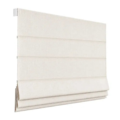 Plain fold Roman shade in light-colored fabric with defined horizontal folds.