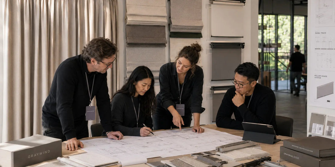 Graywind team discussing a custom window treatment project with design plans, fabric samples, and curtain hardware