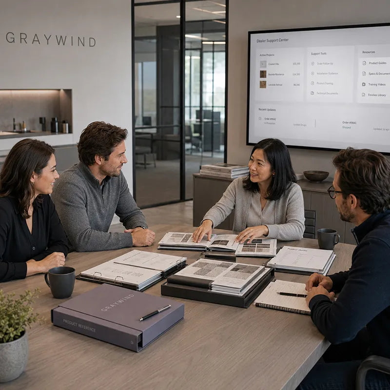 Graywind dealer support center meeting with product guides, project resources, and smart window treatment training materials