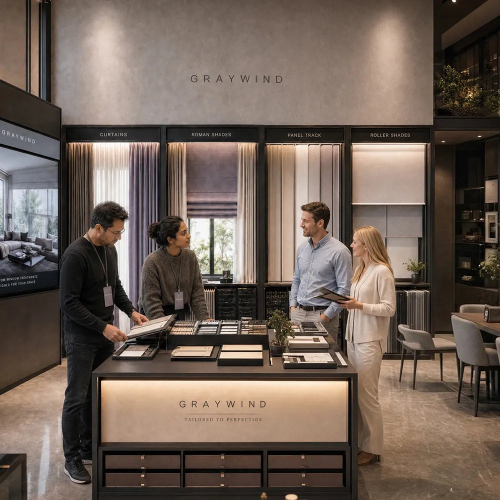 Graywind showroom consultation scene showing dealer support, product samples, and smart window treatment solutions for business partners