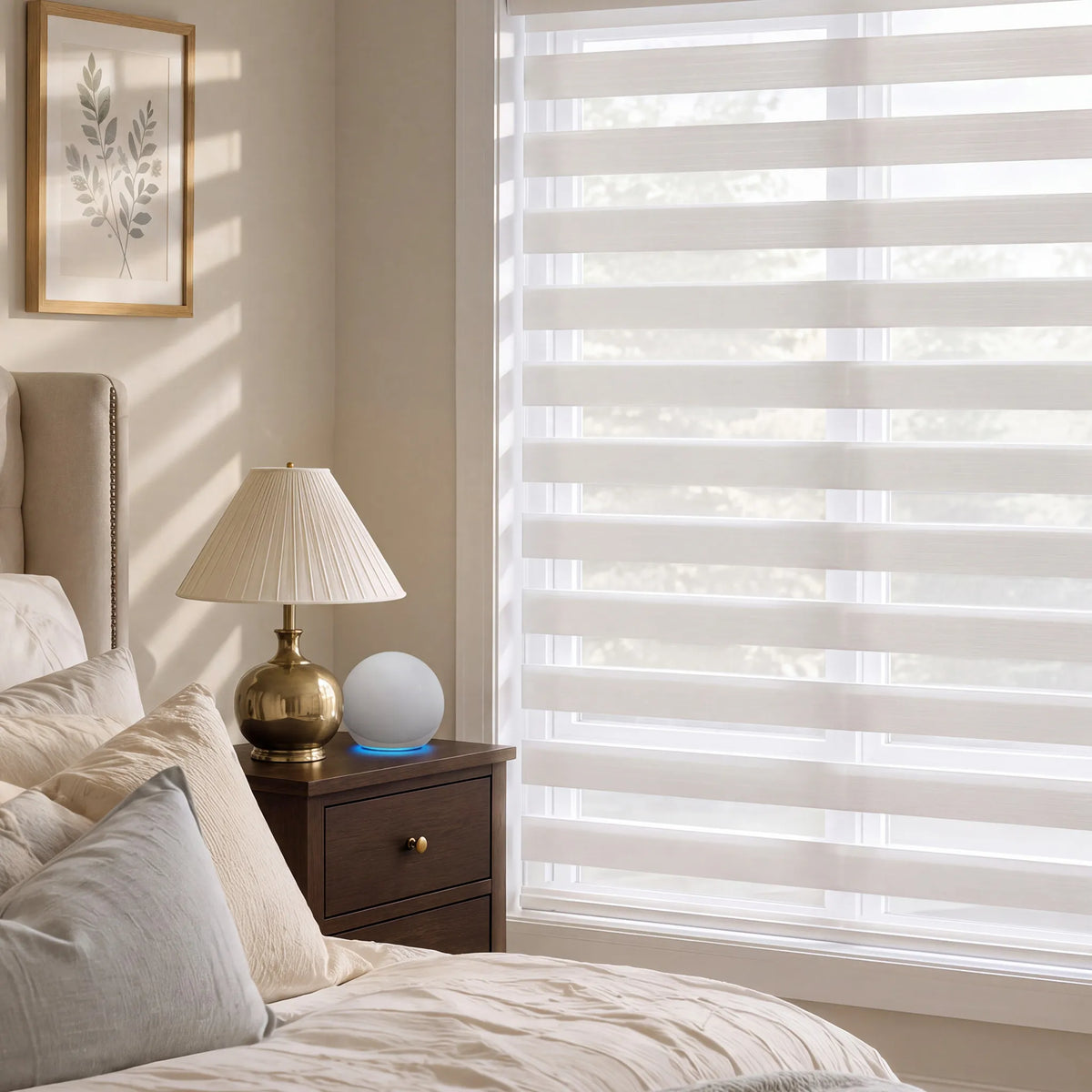 White motorized light-filtering zebra blinds installed in a neutral modern bedroom.