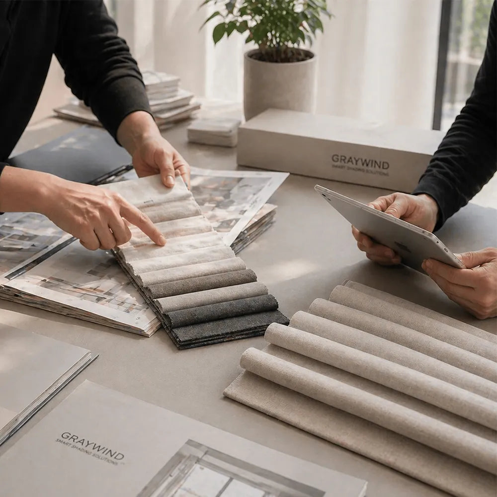 Graywind design consultation with fabric swatches, project references, and personalized window treatment suggestions
