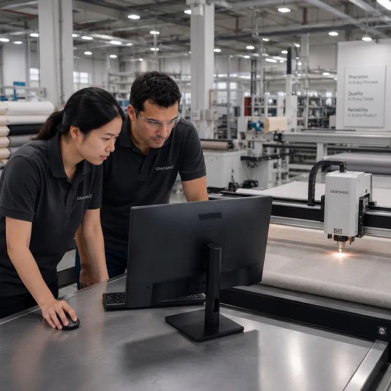 Graywind production team reviewing smart shade fabric cutting and quality control in a precision manufacturing facility