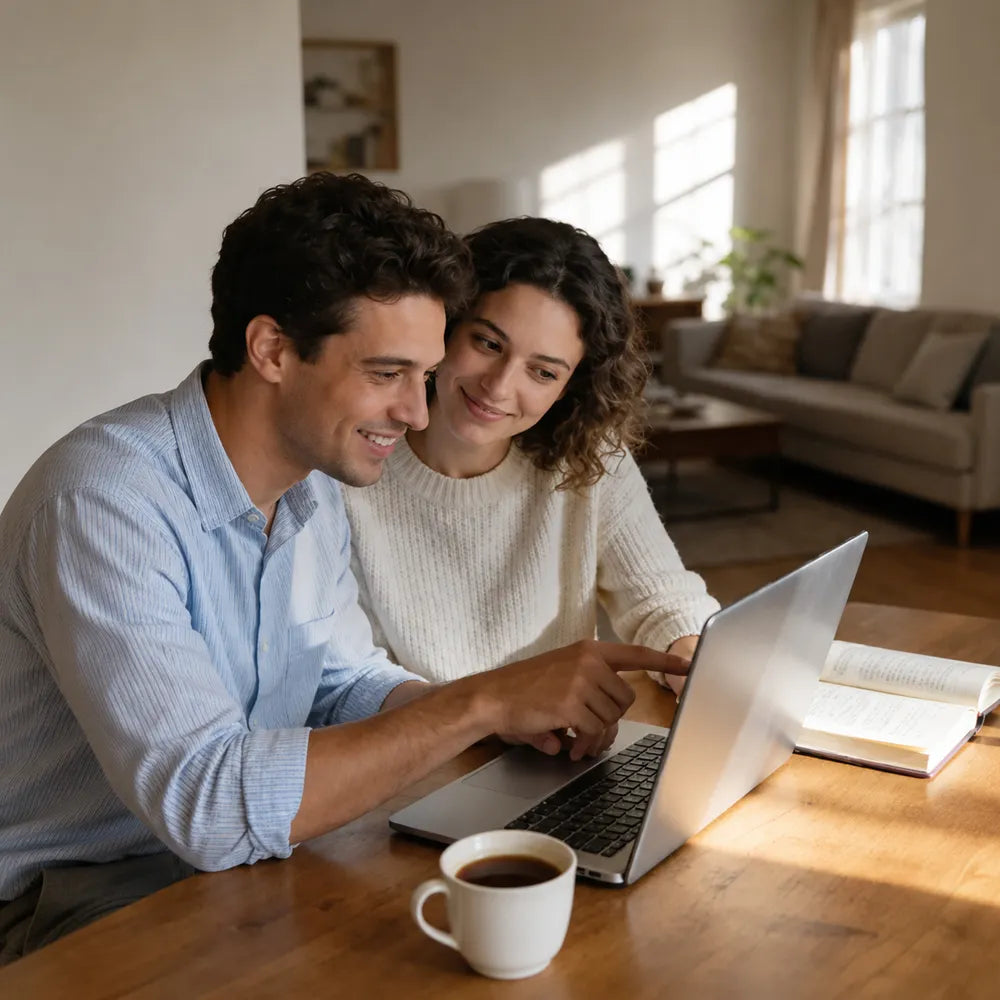 Couple sharing home design preferences online as the first step in a Graywind window treatment consultation