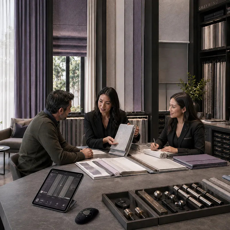 Graywind showroom consultation with dealers reviewing curtain fabrics, shade samples, hardware finishes, and smart control options