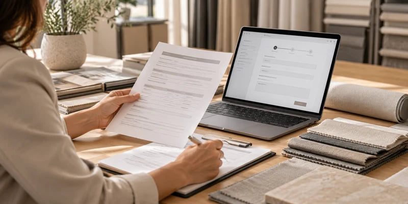 Trade professional reviewing a tax-exempt application beside a laptop and window treatment fabric samples.