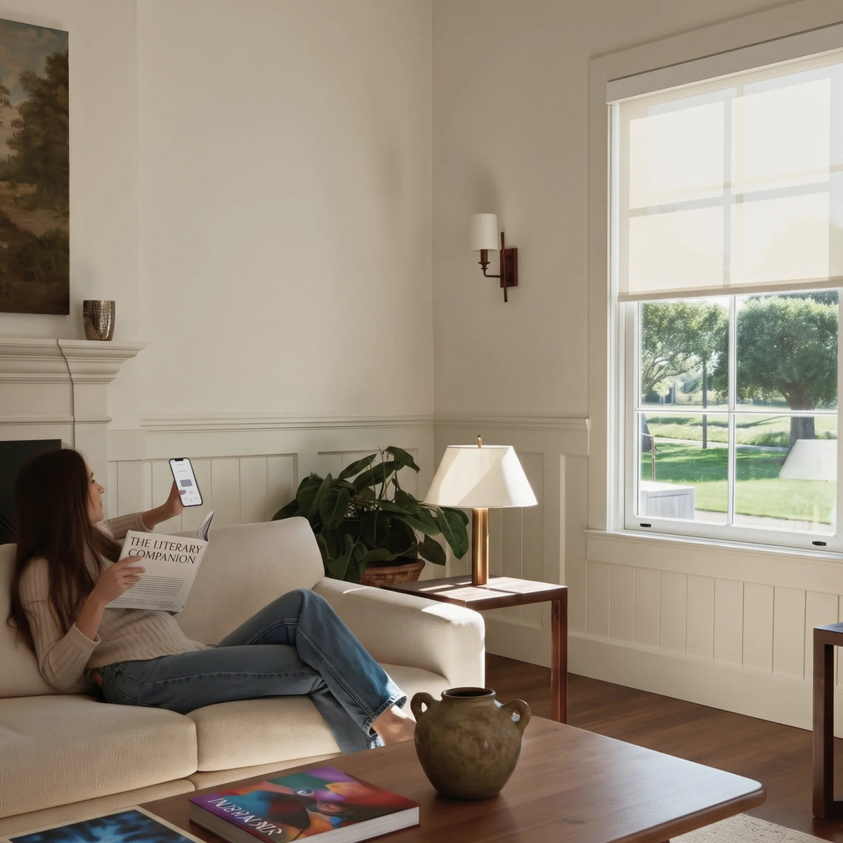 Woman using her phone to control a Graywind roller shade from a living room sofa.