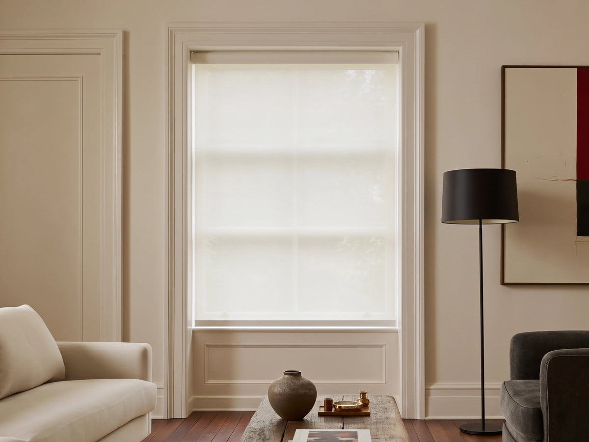 Graywind light filtering roller shade lowered over a living room window.