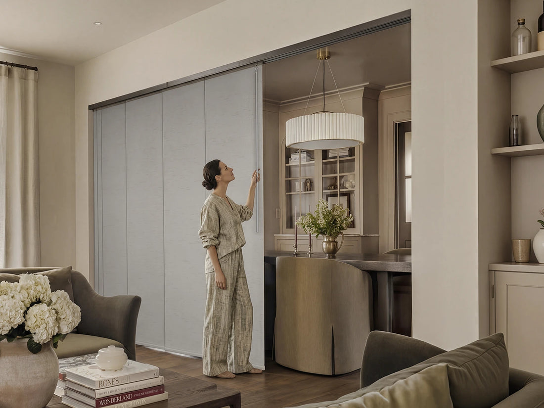 gray panel track blinds used as a modern room divider between living and dining areas
