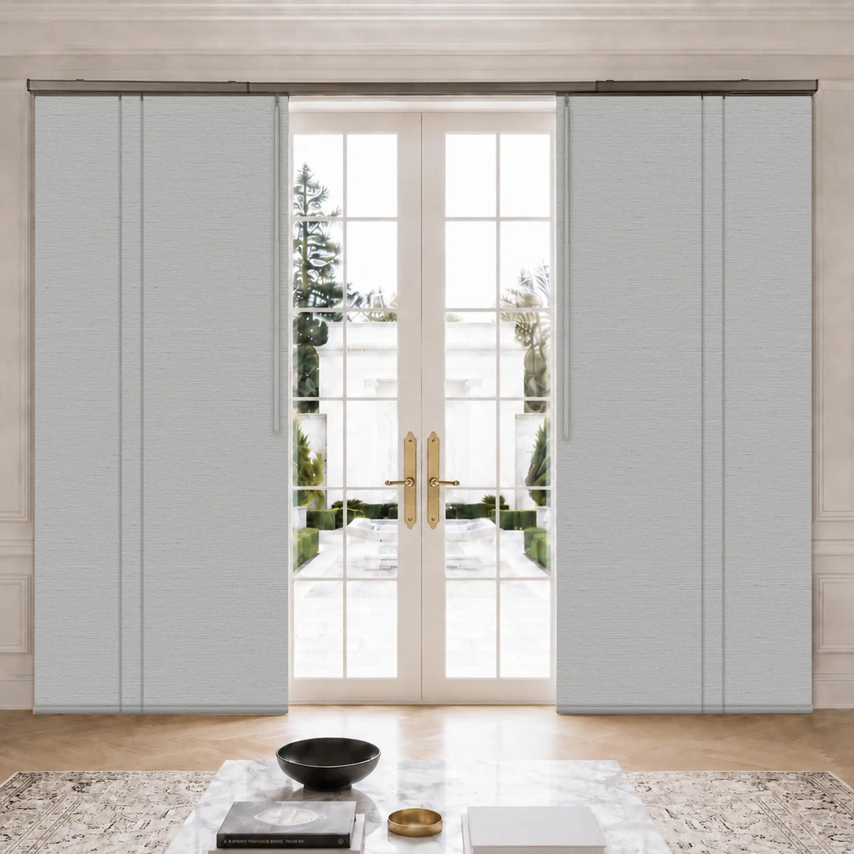 Horizon Light Grey blackout panel track blinds installed beside French doors