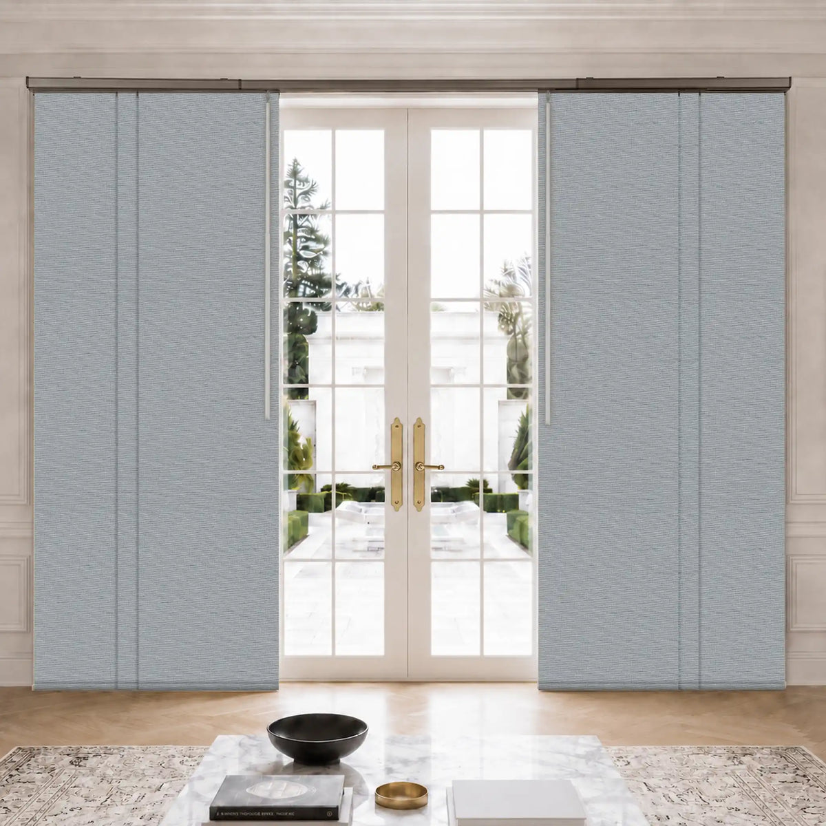Horizon Sky Blue blackout panel track blinds shown on both sides of French doors