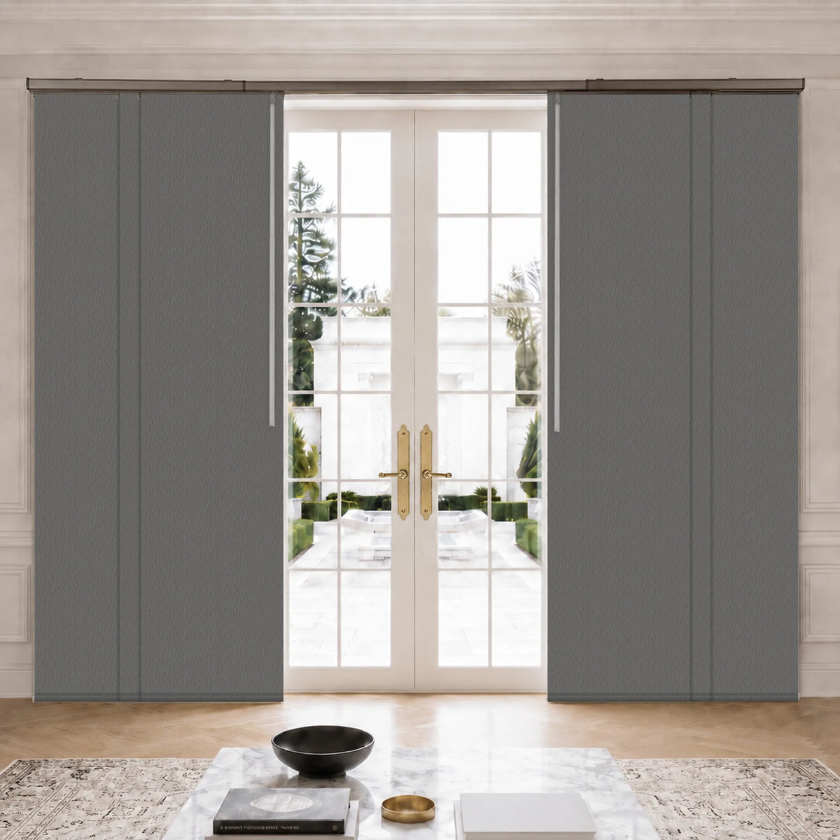 Linea Smoke dark gray blackout panel track blinds installed beside French doors